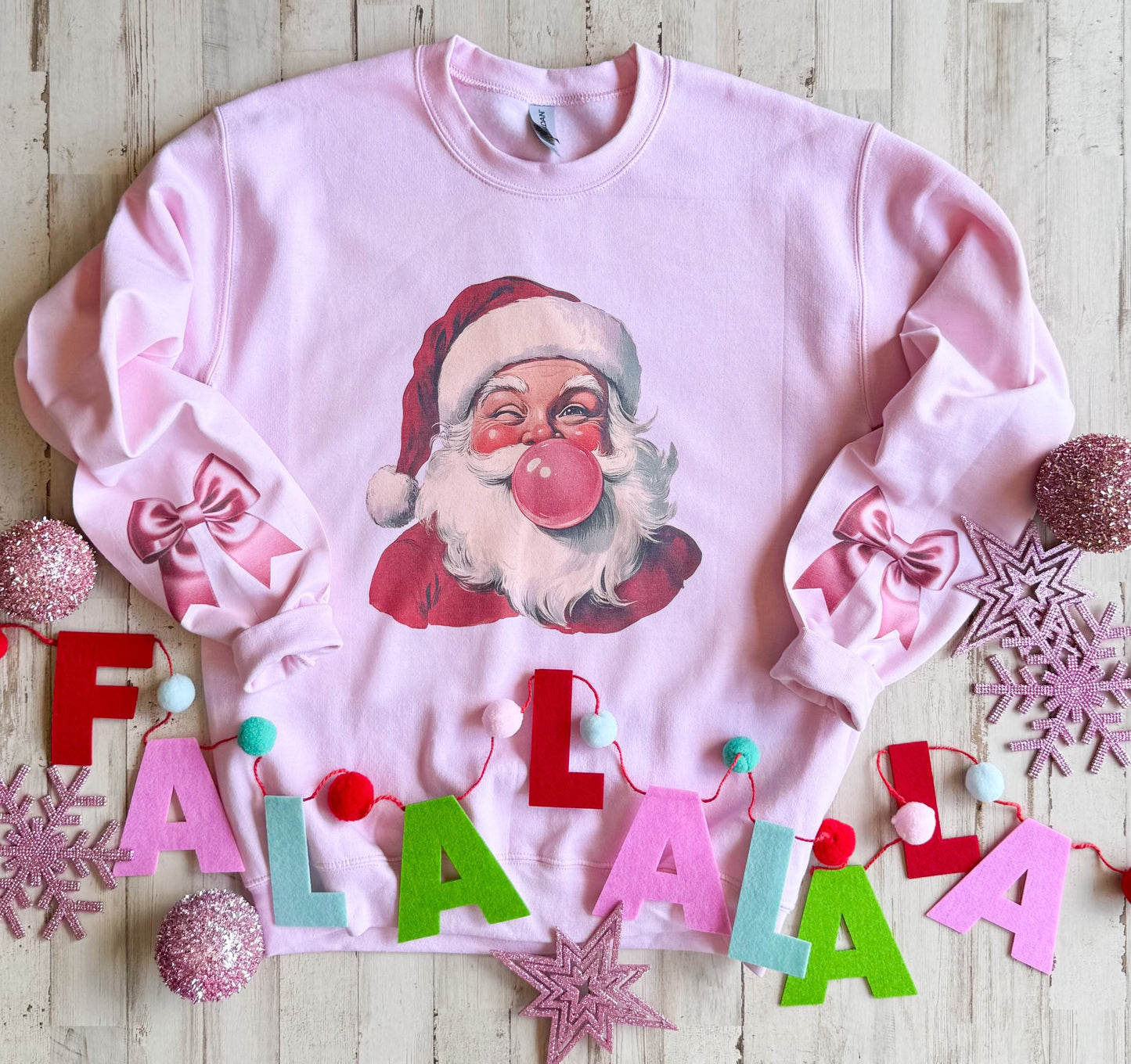 Bubblegum Santa Sweatshirt (Bows on sleeves!!)