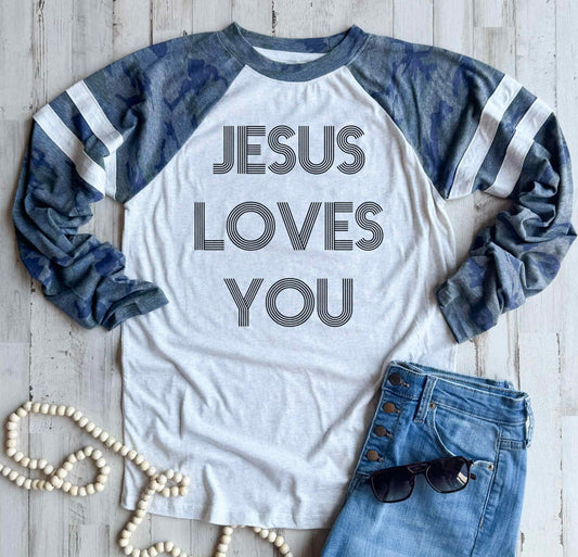 Jesus Loves You (Camo Raglan Long Sleeve Tee)